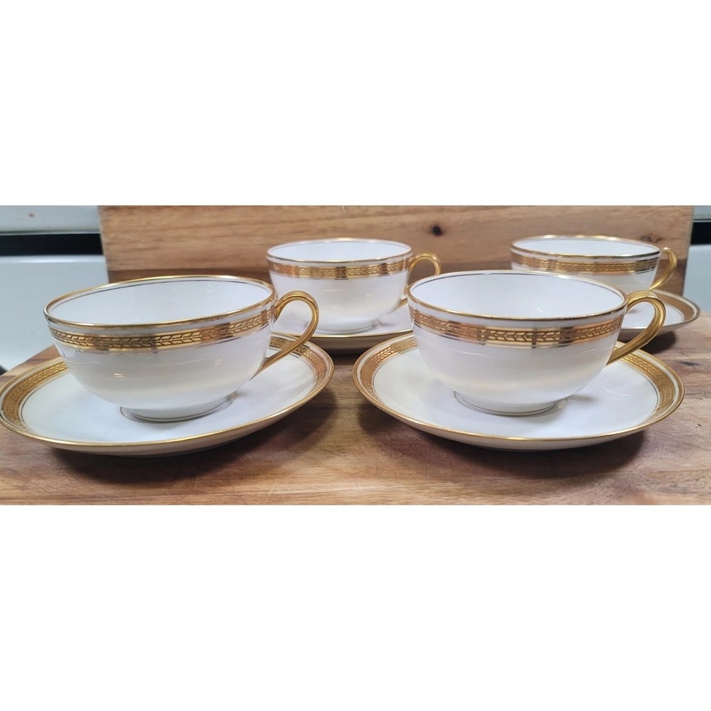 Theodore Haviland Limoges White Gold Leaf Band 4 Teacups and Saucers Vintage